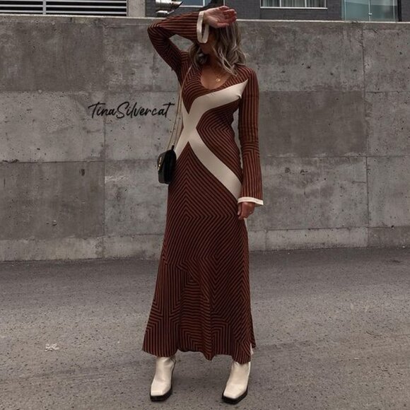 BLOGGER'S FAVE! Zara Striped Midi Dress Brown Sz XS, Small NWT - Picture 7 of 17